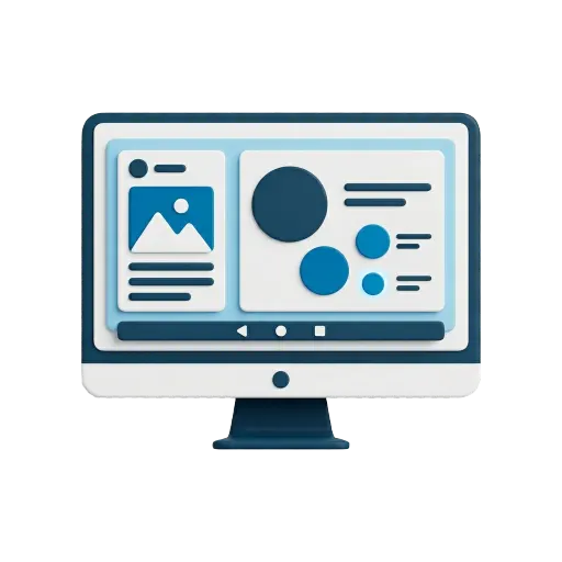3D icon of a desktop monitor displaying a two-panel UI layout representing professional website design and digital presence