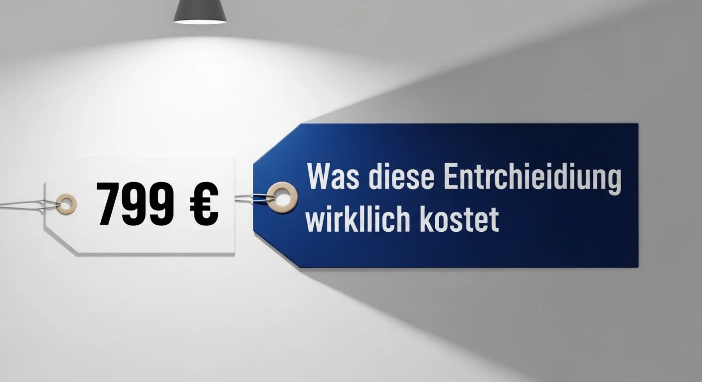 The Price Tag That Lies" A pristine white price tag on a white surface, reading "799 €" in bold black print. Beside it, a second, larger navy price tag reading "Was diese Entscheidung wirklich kostet" in cerulean blue. The second tag casts a much larger shadow — three times the size of the first. A single sharp overhead spotlight. No people, pure concept, advertising quality