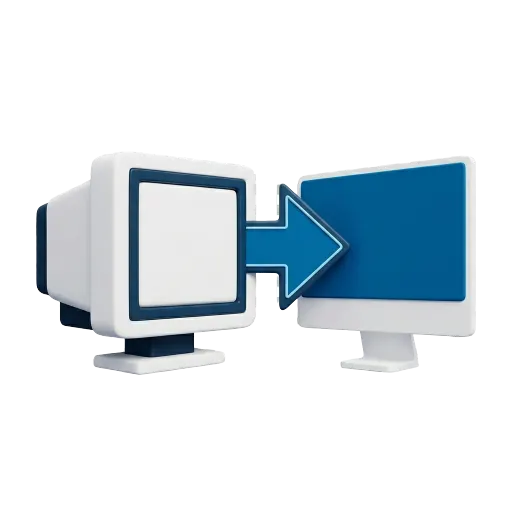 3D icon representing digital transformation with a monitor upgrade and forward arrow in Midnight Navy and Cerulean Blue