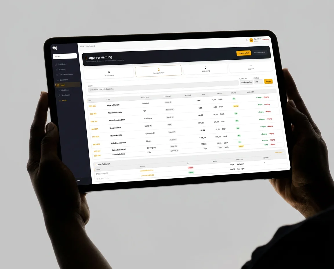 Bauprojekt-Management-App auf einem Tablet mit Aufgaben und Terminen
