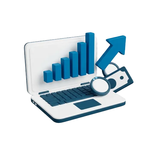 3D icon of a laptop with rising bar chart, upward growth arrow, and coins symbolizing lead generation and business growth