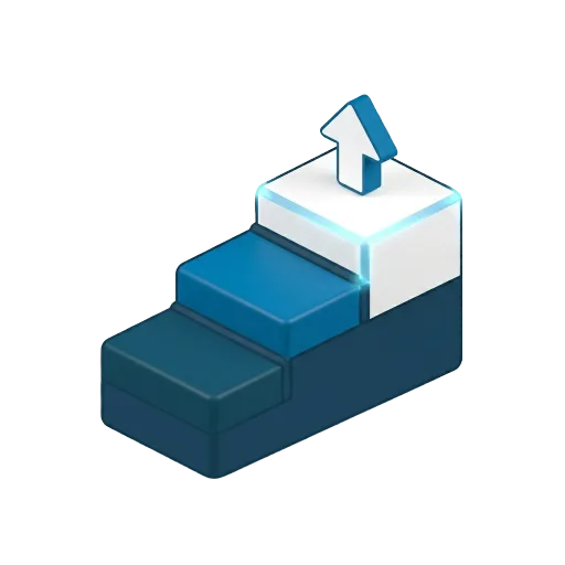 3D icon of three stacked platform tiers with an upward arrow representing scalable digital business growth