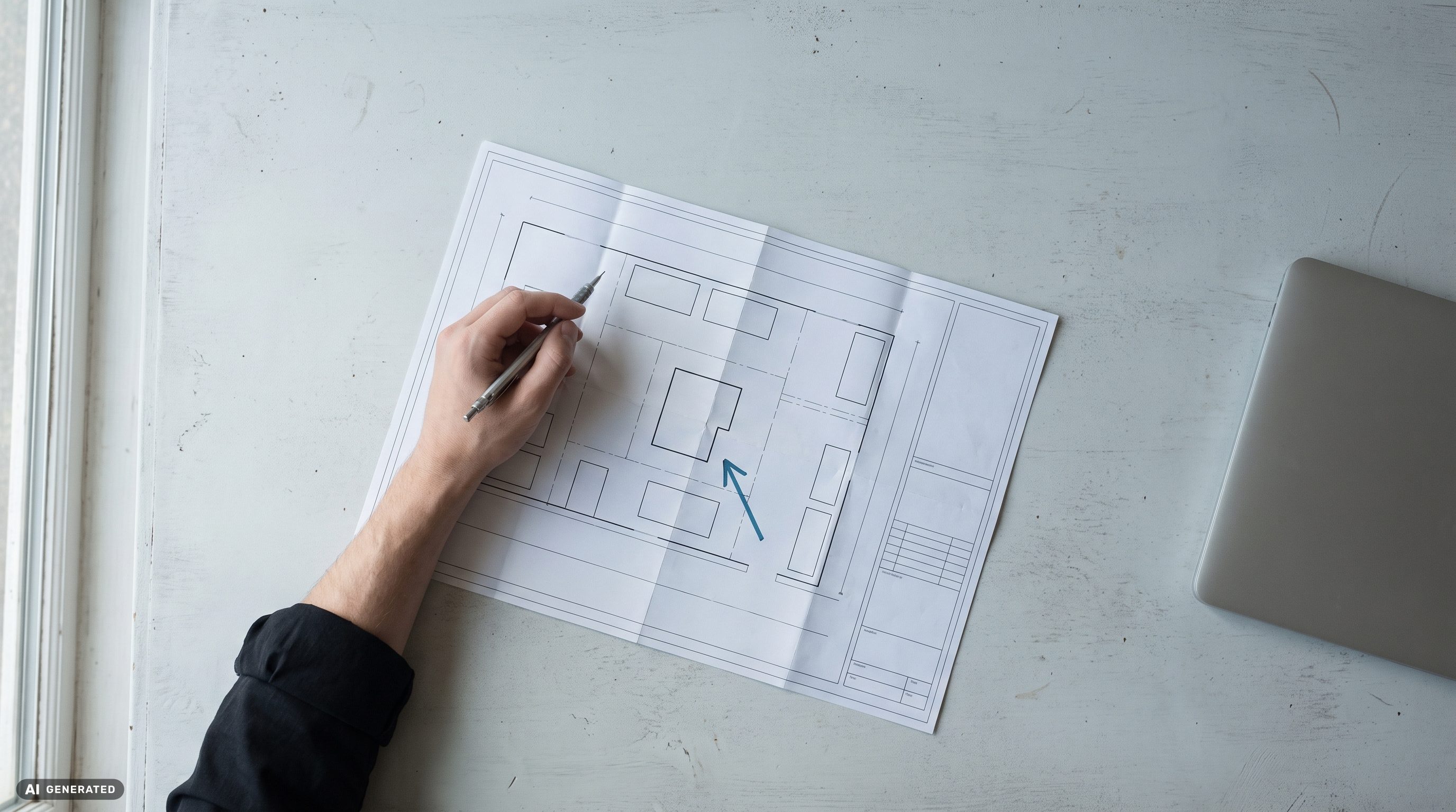 Hand legt einen Bleistift auf einen gedruckten Seitenstrukturplan, daneben ein geschlossener Laptop