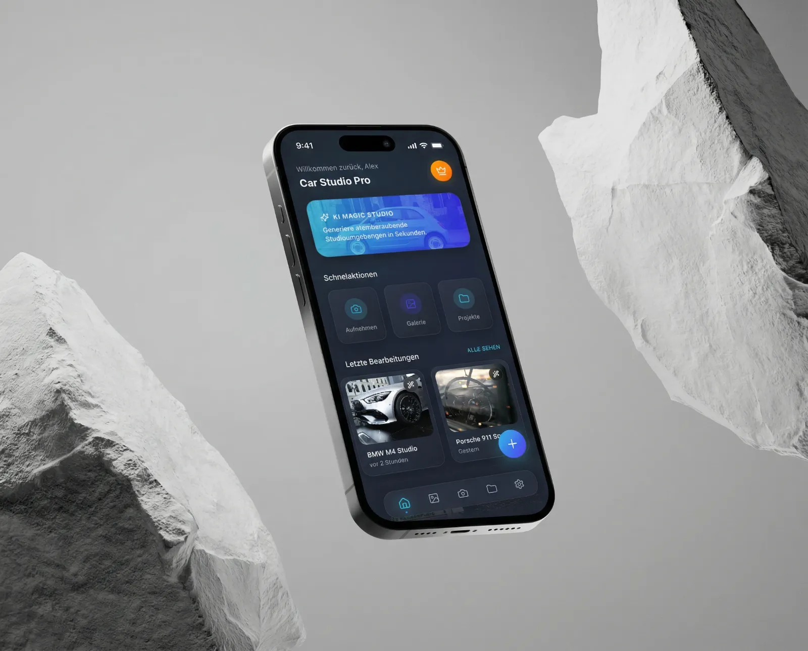 Gallery of edited vehicle photos in the AI car photography app